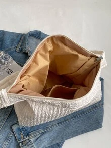 Minimalist Hobo Bag With Bag Charm - Beige - View 8