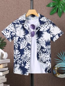 SHEIN 男孩熱帶圖案襯衫 - 藍白色 - 查看 1