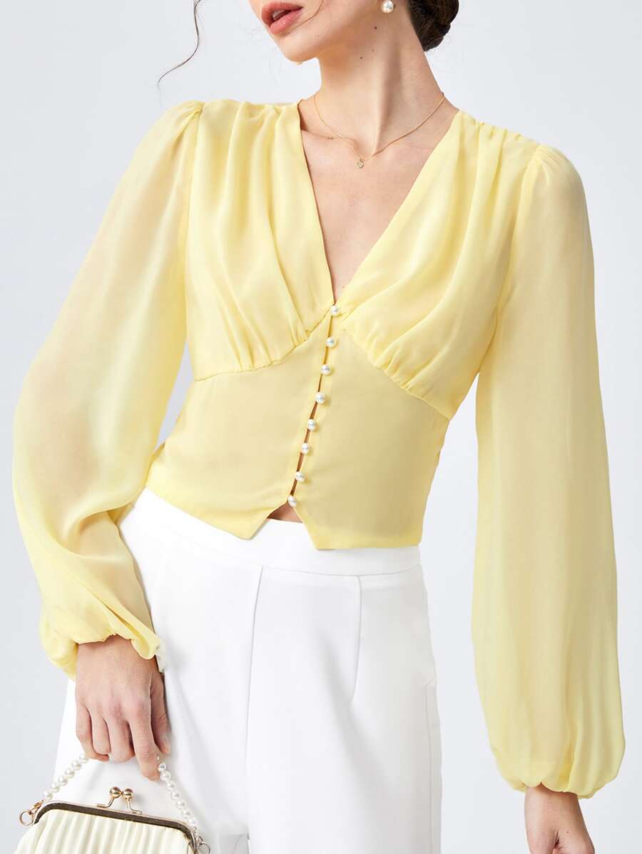 BizChic 胸部褶皺燈籠袖襯衫工作服 - 黃色 - 查看 1