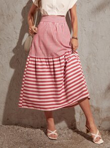 SHEIN VCAY Falda con estampado de rayas bajo con fruncido - Rojo y blanco - Ver 1