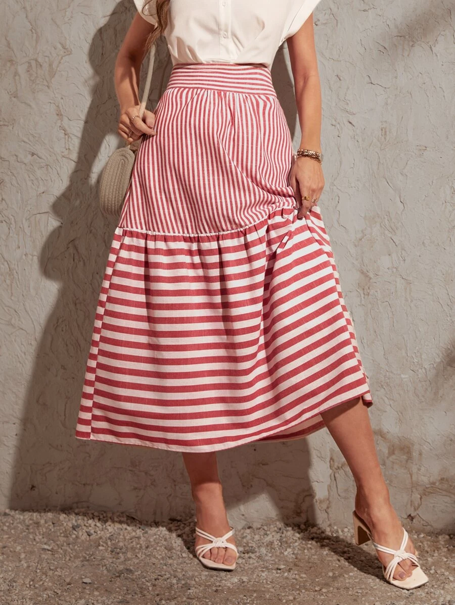 SHEIN VCAY Falda con estampado de rayas bajo con fruncido - Rojo y blanco - Ver 1