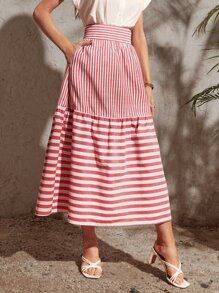 SHEIN VCAY Falda con estampado de rayas bajo con fruncido - Rojo y blanco - Ver 3