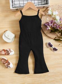 SHEIN 寶寶女孩純色喇叭褲背心連身褲 - 黑色 - 查看 1