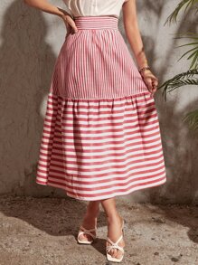 SHEIN VCAY Falda con estampado de rayas bajo con fruncido - Rojo y blanco - Ver 4