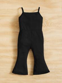 SHEIN 寶寶女孩純色喇叭褲背心連身褲 - 黑色 - 查看 2