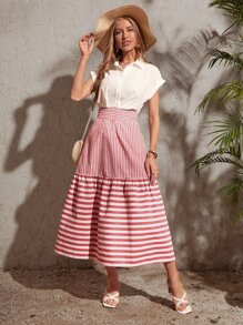 SHEIN VCAY Falda con estampado de rayas bajo con fruncido - Rojo y blanco - Ver 5