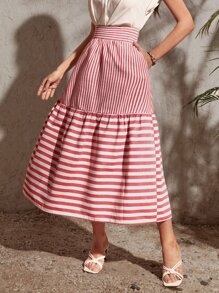 SHEIN VCAY Falda con estampado de rayas bajo con fruncido - Rojo y blanco - Ver 6