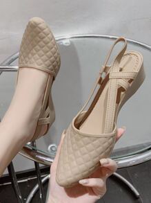 Women Beige Quilted Point Toe Slingbacks Court Wedges, Elegant Square Toe Low Heel Flatform Shoes