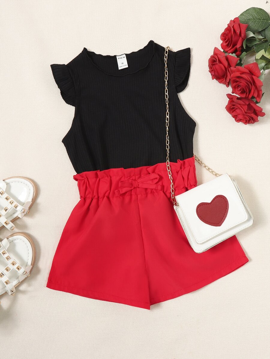 Toddler Girls Ruffle Sleeve Tee & Paperbag Waist Shorts Without Bag - Multicolor - View 1