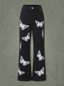 ROMWE Butterfly Print Wide Leg Jeans - Black - View 1