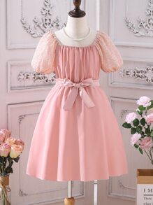 Girls contrast Lace Puff Sleeve Square Neck Dress - Pink - View 1