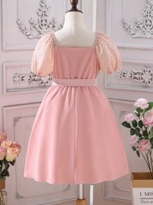 Girls contrast Lace Puff Sleeve Square Neck Dress - Pink - View 2