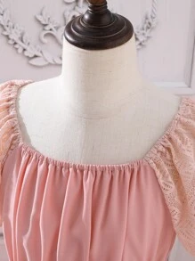 Girls contrast Lace Puff Sleeve Square Neck Dress - Pink - View 5
