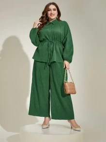 Modelyn Plus Drawstring Waist Shirt & Wide Leg Trousers - Green - View 1