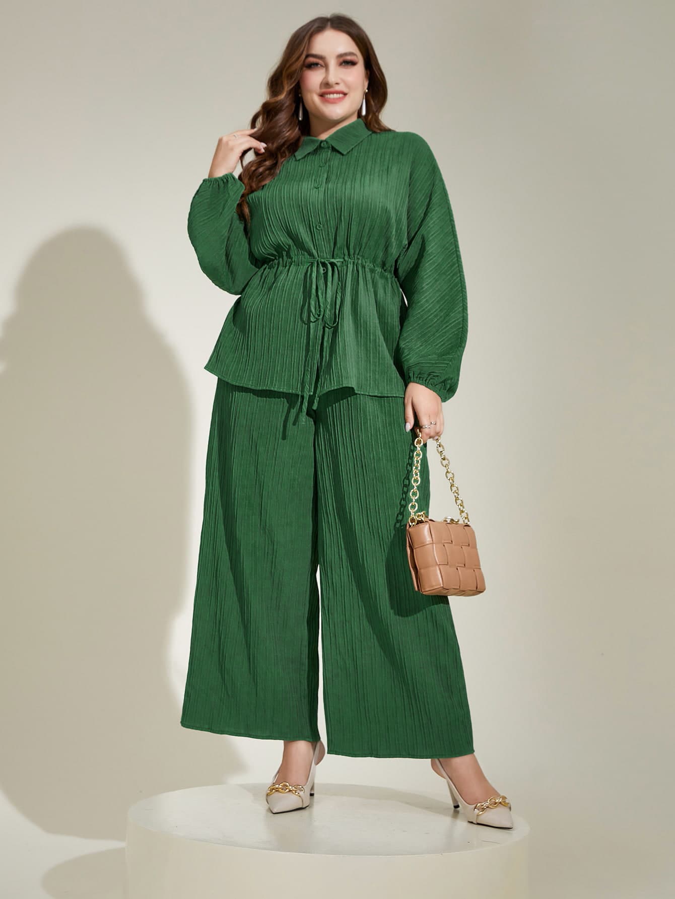 Modelyn Plus Drawstring Waist Shirt & Wide Leg Trousers - Green - View 1