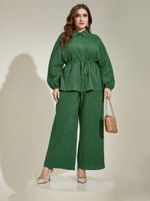Modelyn Plus Drawstring Waist Shirt & Wide Leg Trousers - Green - View 3
