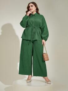 Modelyn Plus Drawstring Waist Shirt & Wide Leg Trousers - Green - View 4