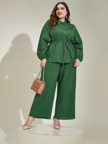 Modelyn Plus Drawstring Waist Shirt & Wide Leg Trousers - Green - View 5