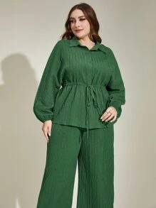 Modelyn Plus Drawstring Waist Shirt & Wide Leg Trousers - Green - View 6