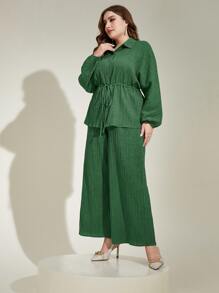 Modelyn Plus Drawstring Waist Shirt & Wide Leg Trousers - Green - View 7