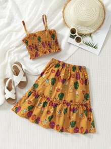 小女童熱帶印花和水果印花打攬吊帶上衣和荷葉邊半身裙 - 芥末黃 - 查看 1