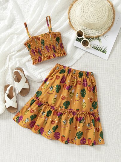 小女童熱帶印花和水果印花打攬吊帶上衣和荷葉邊半身裙