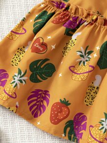 小女童熱帶印花和水果印花打攬吊帶上衣和荷葉邊半身裙 - 芥末黃 - 查看 3