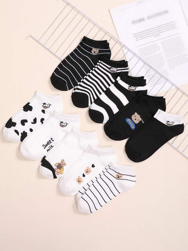 10ペア ストライプ & 漫画グラフィック アンクルソックス - マルチカラー - 見る 1