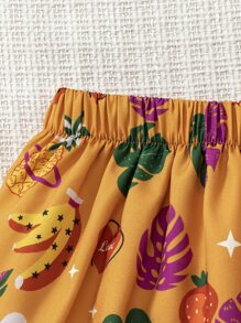 小女童熱帶印花和水果印花打攬吊帶上衣和荷葉邊半身裙 - 芥末黃 - 查看 4