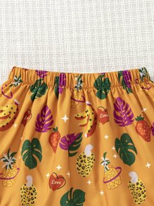 小女童熱帶印花和水果印花打攬吊帶上衣和荷葉邊半身裙 - 芥末黃 - 查看 5