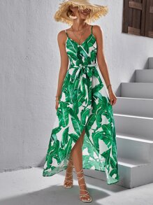 SHEIN VCAY Vestido de tirantes con estampado tropical con cinturón - Multicolor - Ver 5