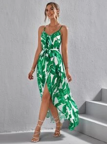 SHEIN VCAY Vestido de tirantes con estampado tropical con cinturón - Multicolor - Ver 6