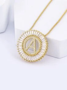 1入組字母細節方晶鋯石圓形吊飾項鍊 - 金黃色 - 查看 6