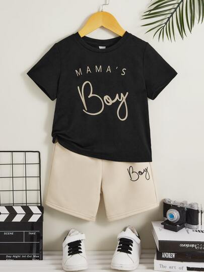 SHEIN Young Boy 2pcs/Set Casual Comfortable All-Match English Letter Print Short Sleeve Top + Shorts