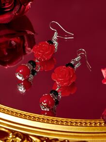 Flower Drop Earrings - Red - View 1