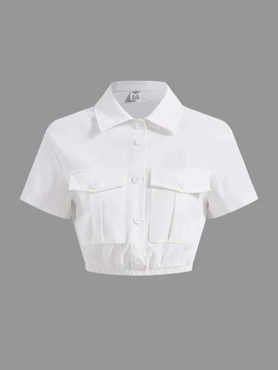 SHEIN Girlism 青少年女孩翻蓋口袋短款襯衫