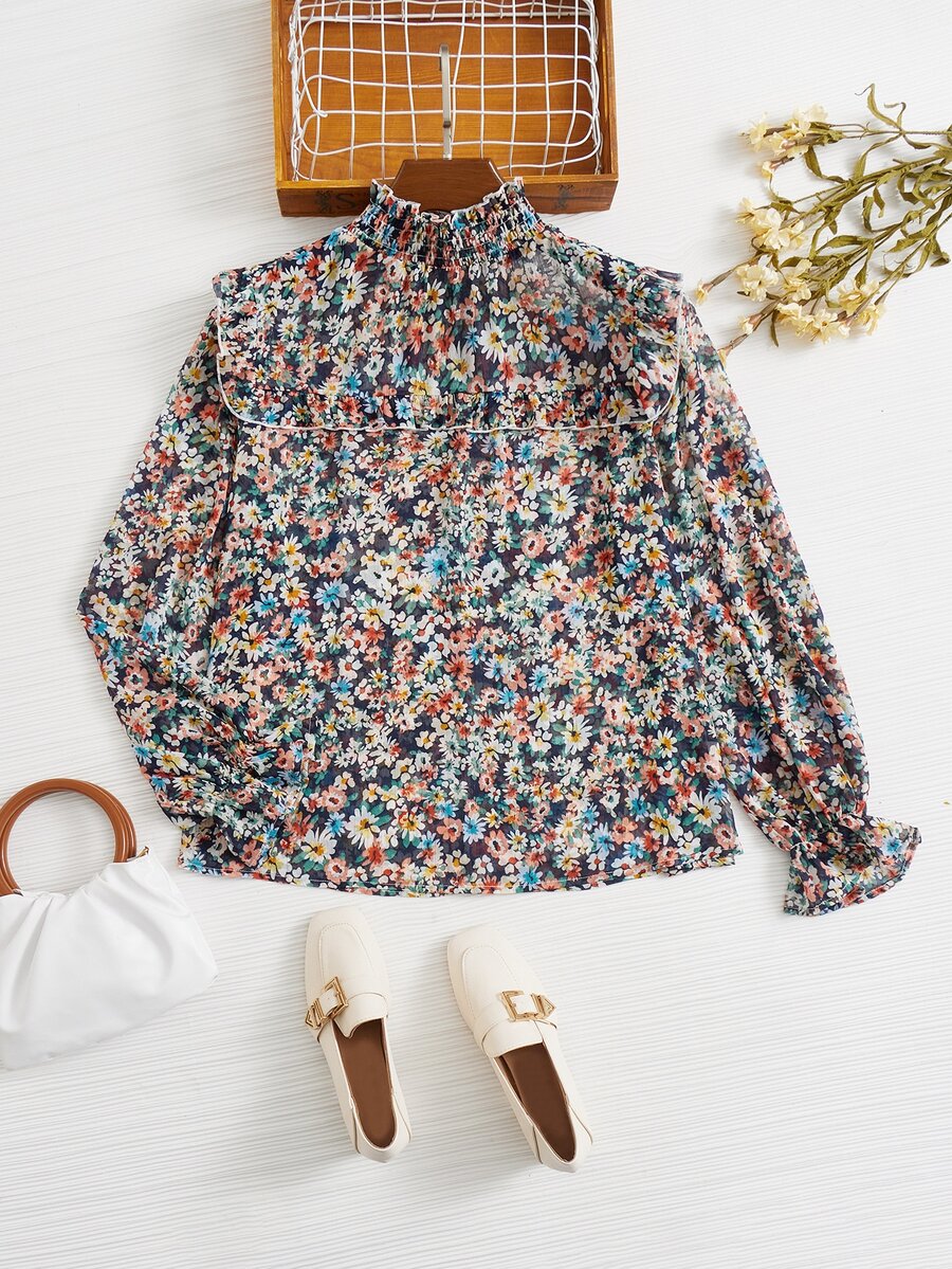 SHEIN Clasi Plus Ditsy Floral Print Bishop Sleeve Blouse - Multicolor - View 1