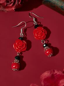 Flower Drop Earrings - Red - View 2