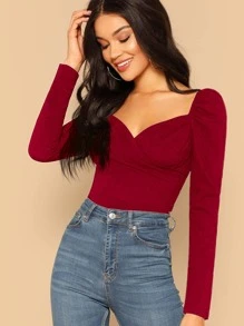 SHEIN Privé Sweetheart Wrap Puff Sleeve Top - Burgundy - View 1