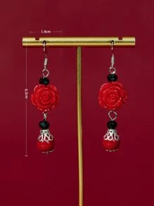 Flower Drop Earrings - Red - View 4
