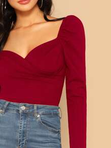 SHEIN Privé Sweetheart Wrap Puff Sleeve Top - Burgundy - View 3