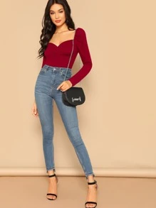 SHEIN Privé Sweetheart Wrap Puff Sleeve Top - Burgundy - View 4