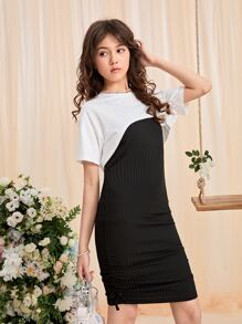 SHEIN Teen Girls Super Crop Tee & Ruched Knot Side Cami Dress - Black and White - View 6