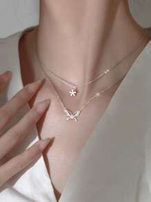 Rhinestone Butterfly Decor Layered Chain Necklace