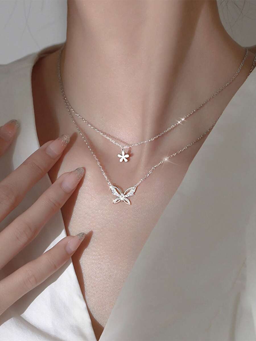 Rhinestone Butterfly Decor Layered Chain Necklace
