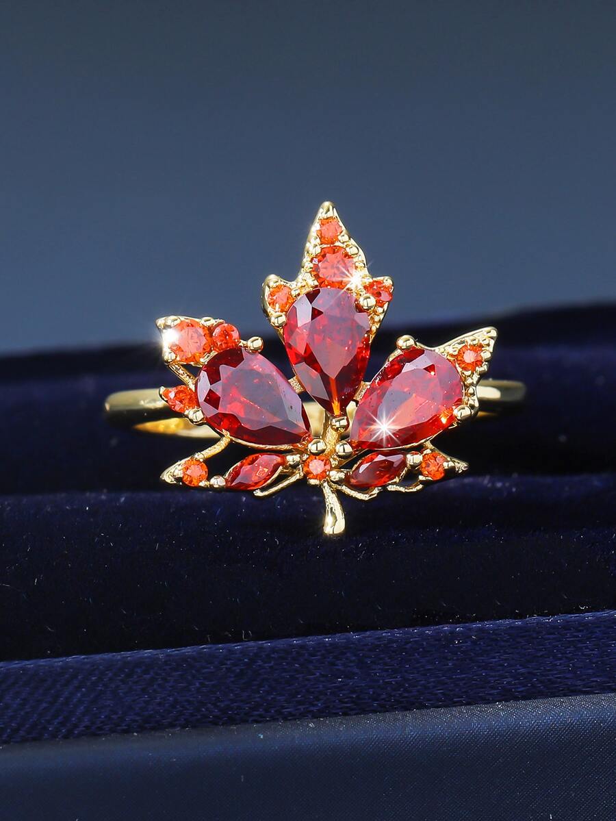 Cubic Zirconia Maple Leaf Decor Ring - Multicolor - View 1