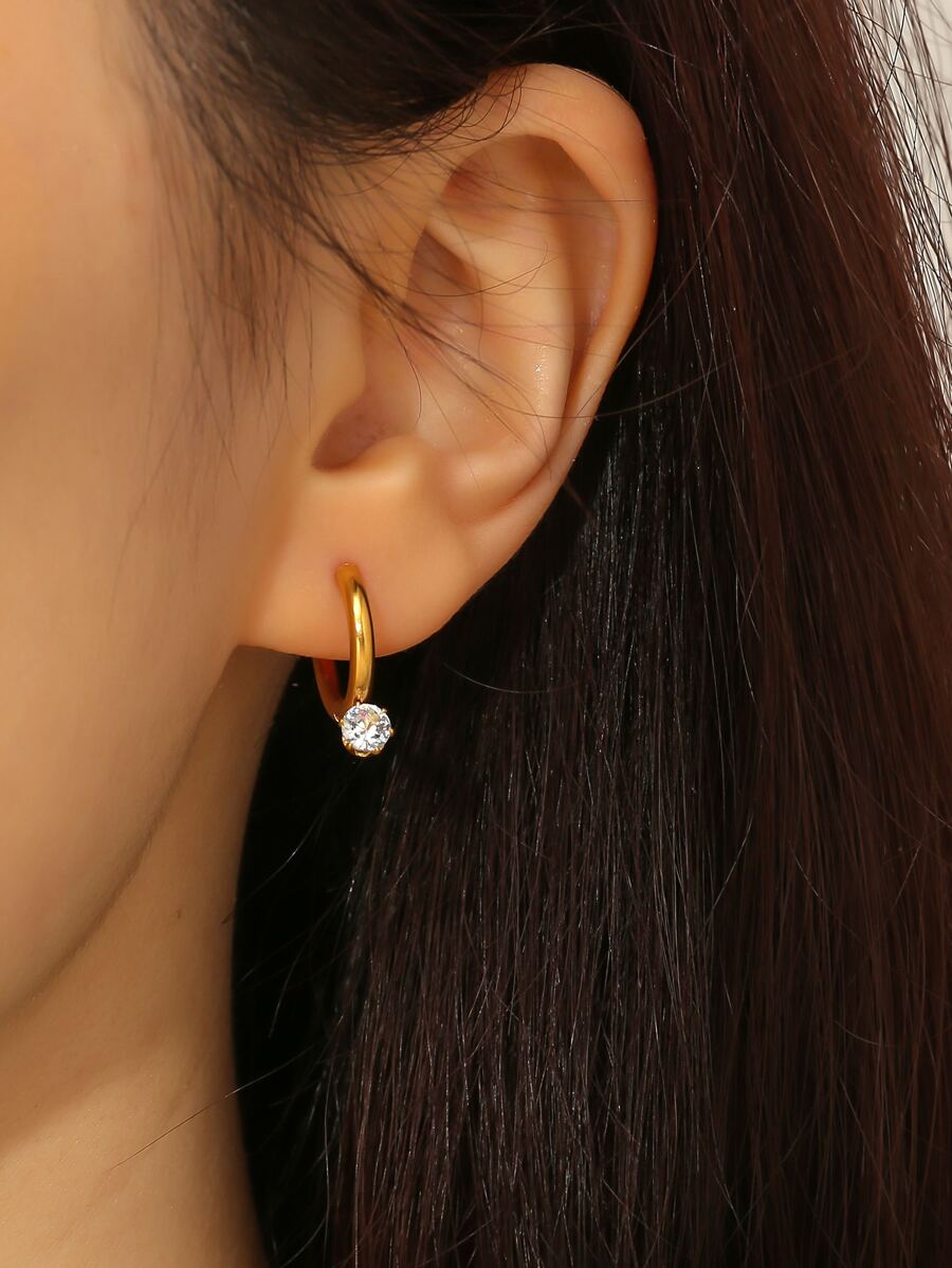 水鑽裝飾圓耳環 - 金黃色 - 查看 1