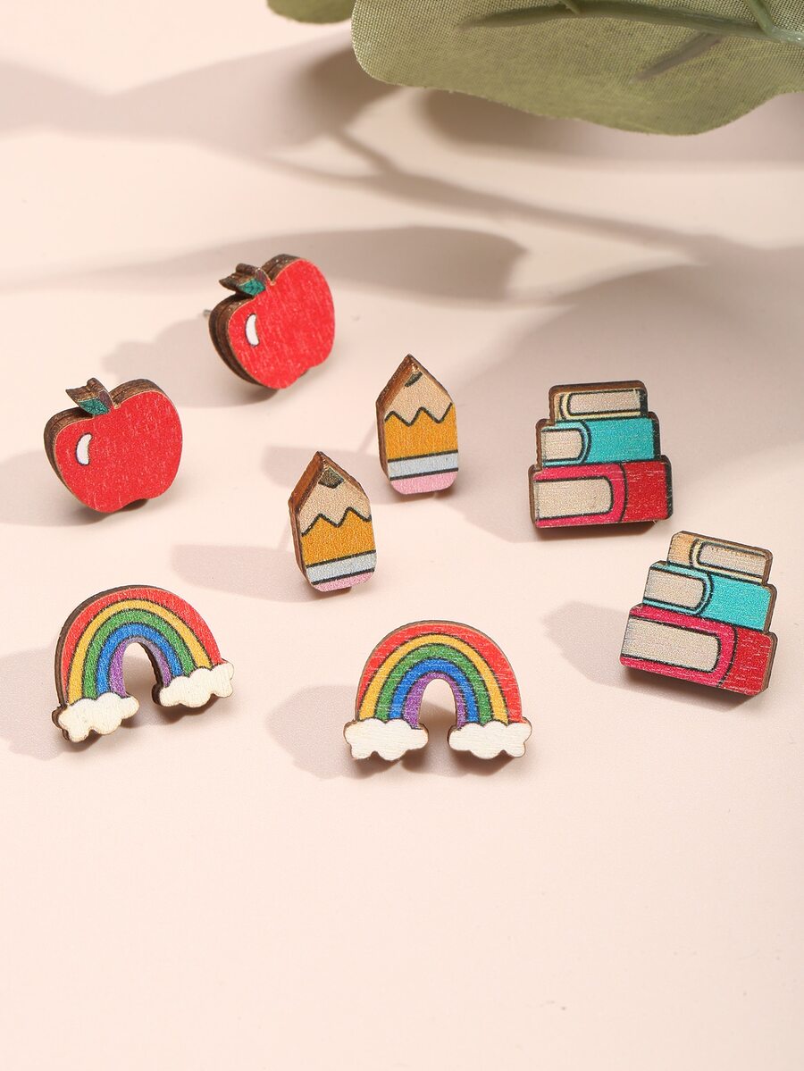 4pairs/set Apple & Pencil Design Stud Earrings SHEIN ASIA