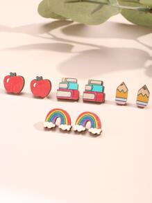 4pairs/set Apple & Pencil Design Stud Earrings - Multicolor - View 2