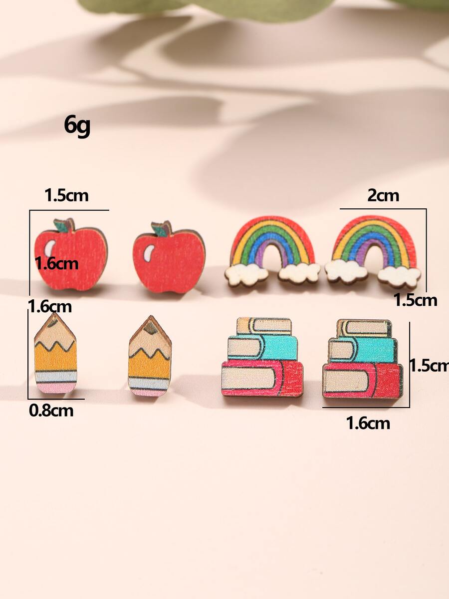 4pairs/set Apple & Pencil Design Stud Earrings SHEIN ASIA
